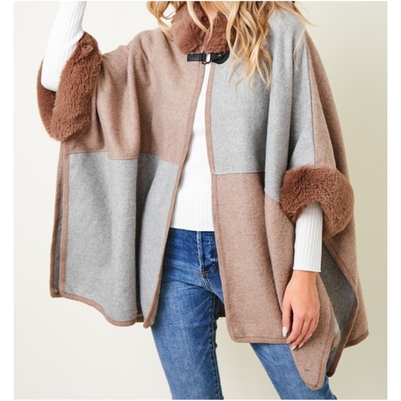 035 Cozy Vegan Fur Color Block Hoodie Jacket Coat - Picture 2 of 6